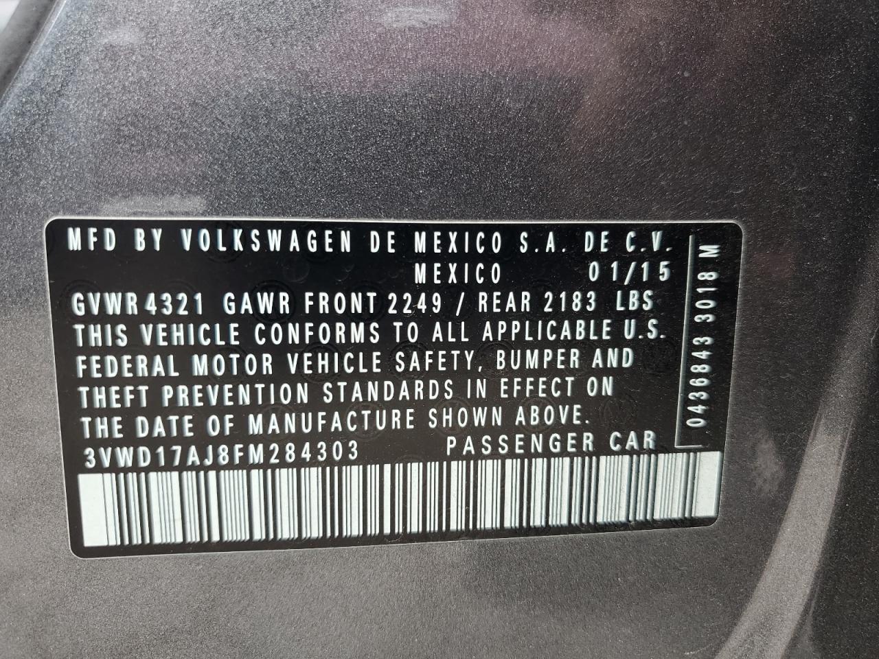 2015 Volkswagen Jetta Se VIN: 3VWD17AJ8FM284303 Lot: 85911295