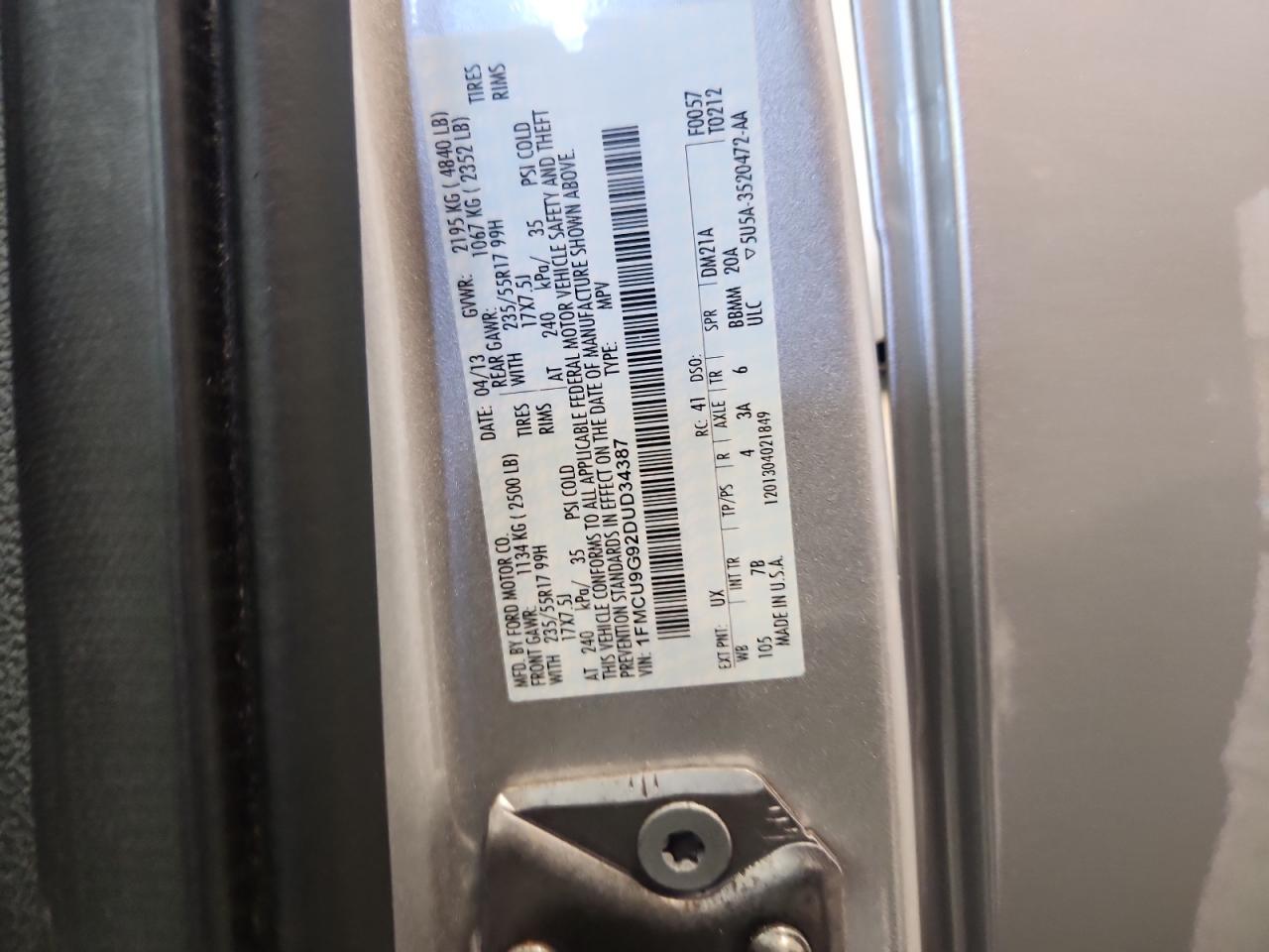 2013 Ford Escape Se VIN: 1FMCU9G92DUD34387 Lot: 84917945