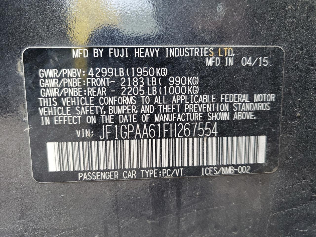 2015 Subaru Impreza VIN: JF1GPAA61FH267554 Lot: 86210835