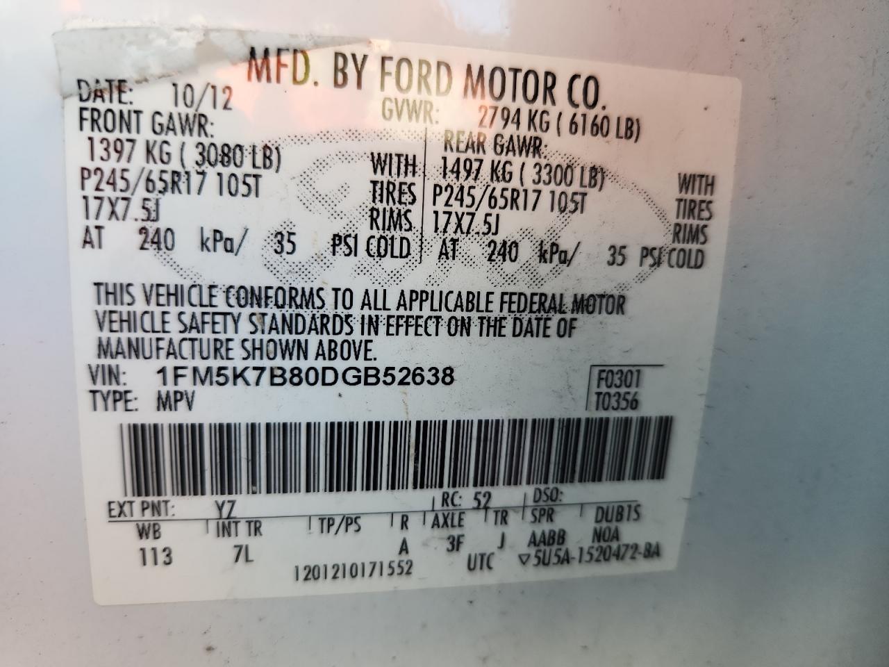 2013 Ford Explorer VIN: 1FM5K7B80DGB52638 Lot: 82584835