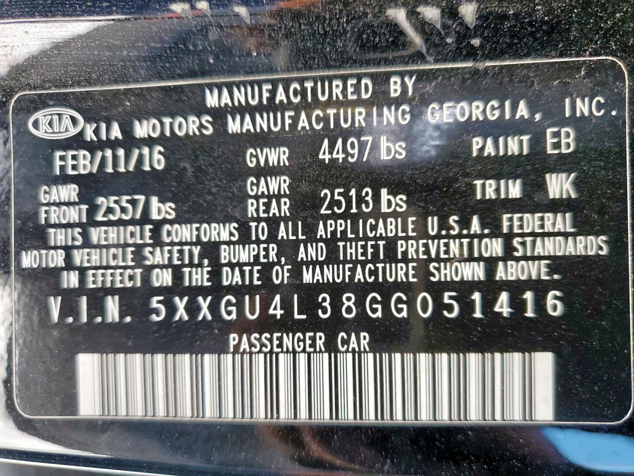 2016 Kia Optima Ex VIN: 5XXGU4L38GG051416 Lot: 85941525