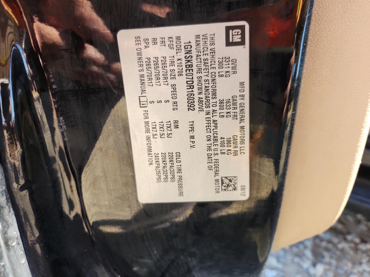 2013 Chevrolet Tahoe K1500 Lt VIN: 1GNSKBE07DR160392 Lot: 82527955