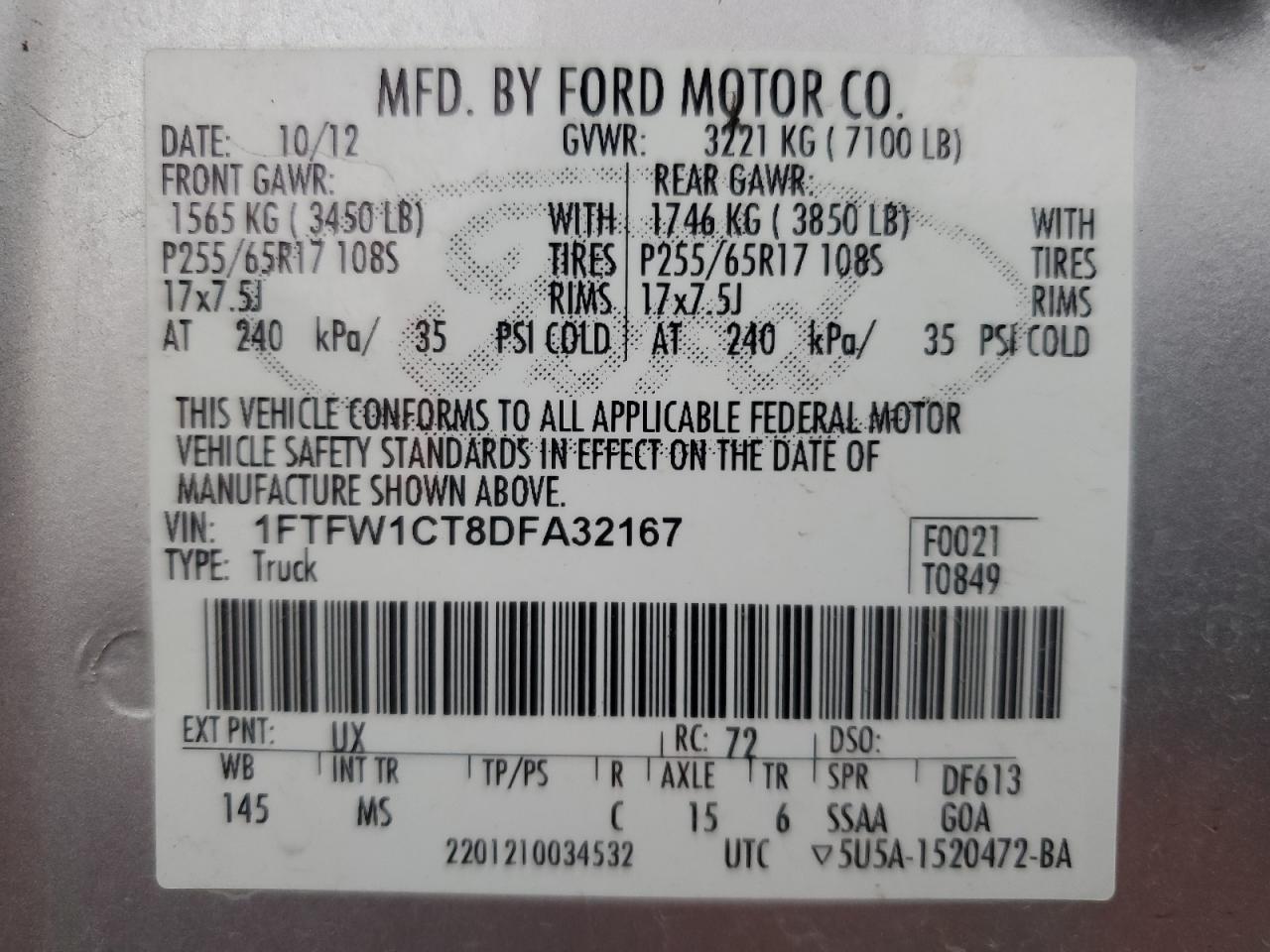 2013 Ford F150 Supercrew VIN: 1FTFW1CT8DFA32167 Lot: 90403485