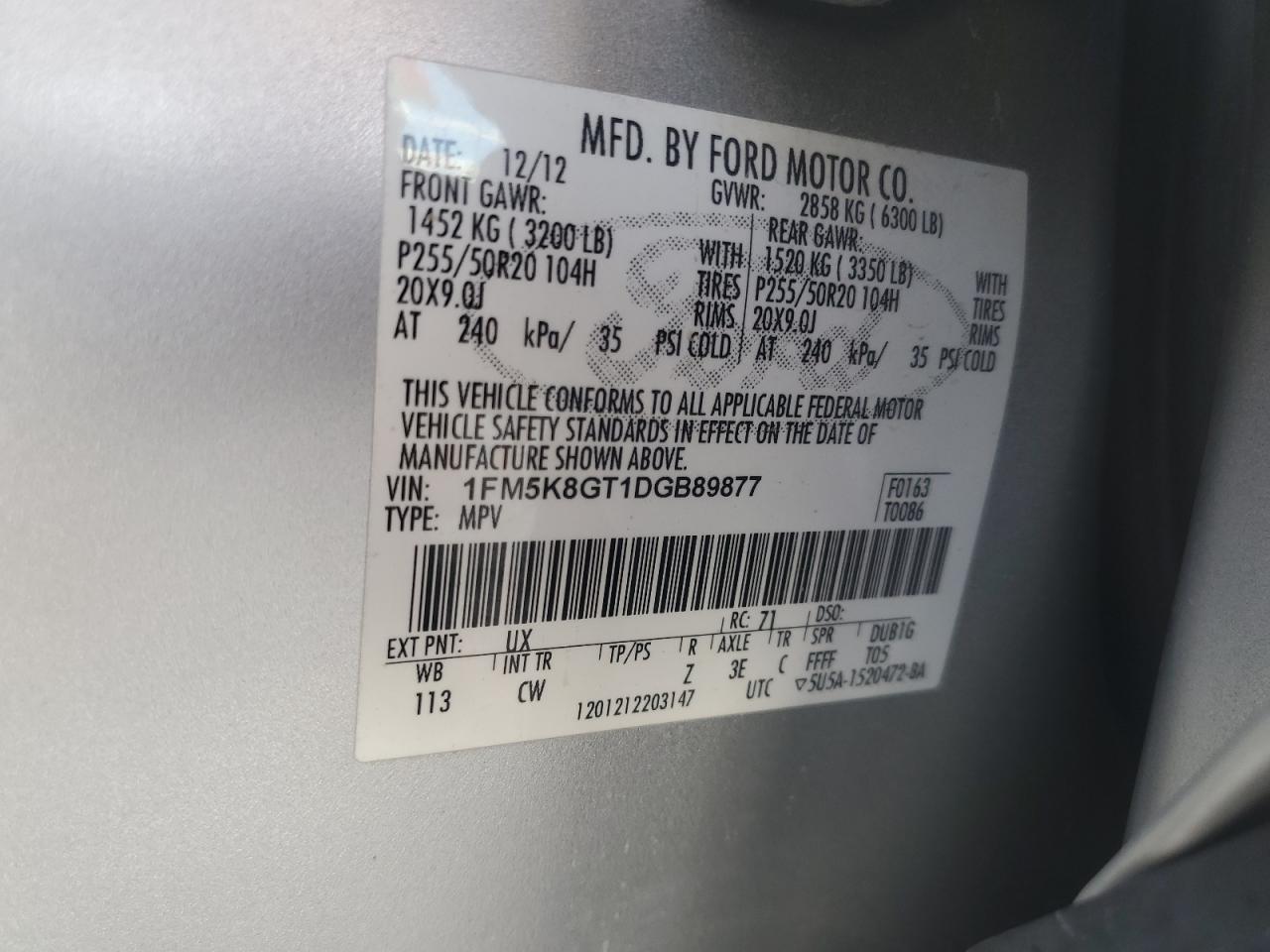 2013 Ford Explorer Sport VIN: 1FM5K8GT1DGB89877 Lot: 85778735