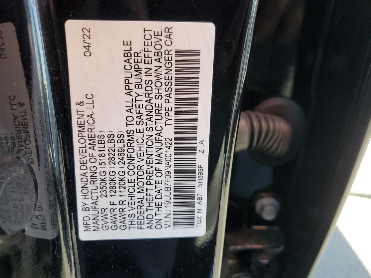 2022 Acura Tlx Type S VIN: 19UUB7F09NA001422 Lot: 85511275