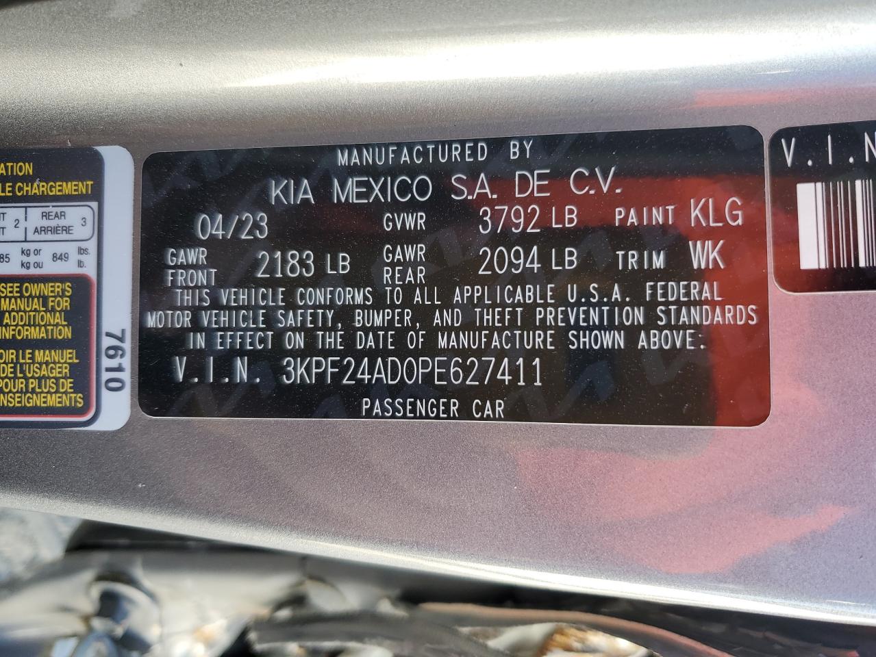 2023 Kia Forte Lx VIN: 3KPF24AD0PE627411 Lot: 86683445