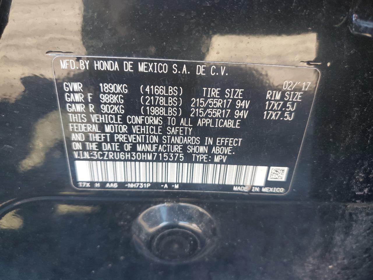 2017 Honda Hr-V Lx VIN: 3CZRU6H30HM715375 Lot: 85498365