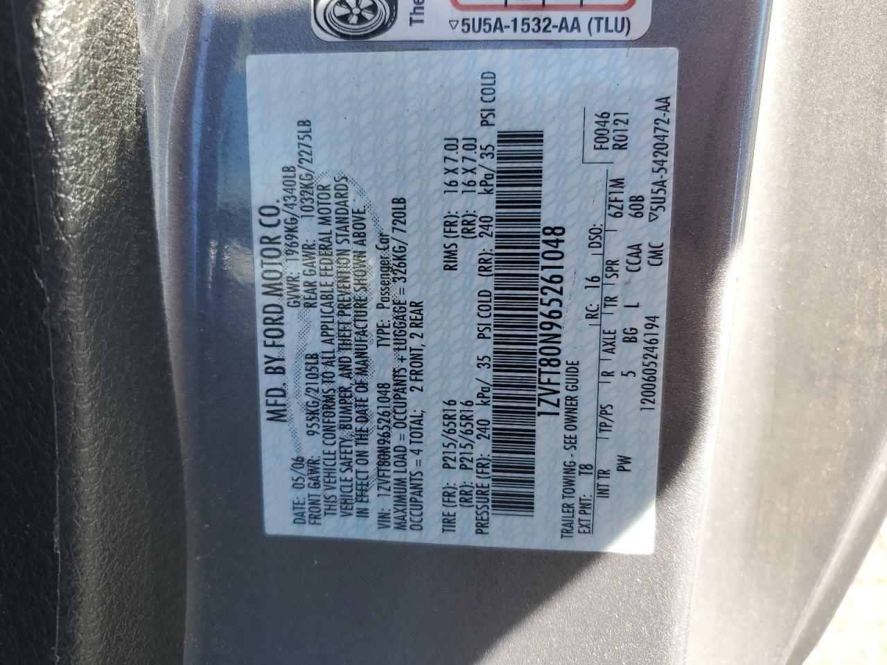 2006 Ford Mustang VIN: 1ZVFT80N965261048 Lot: 82345005