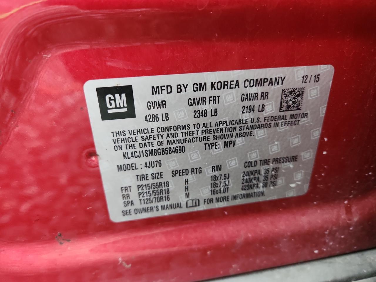 2016 Buick Encore Sport Touring VIN: KL4CJ1SM8GB584690 Lot: 85924255