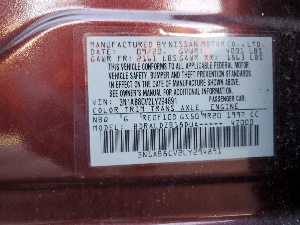 2020 Nissan Sentra Sv VIN: 3N1AB8CV2LY294891 Lot: 86094015