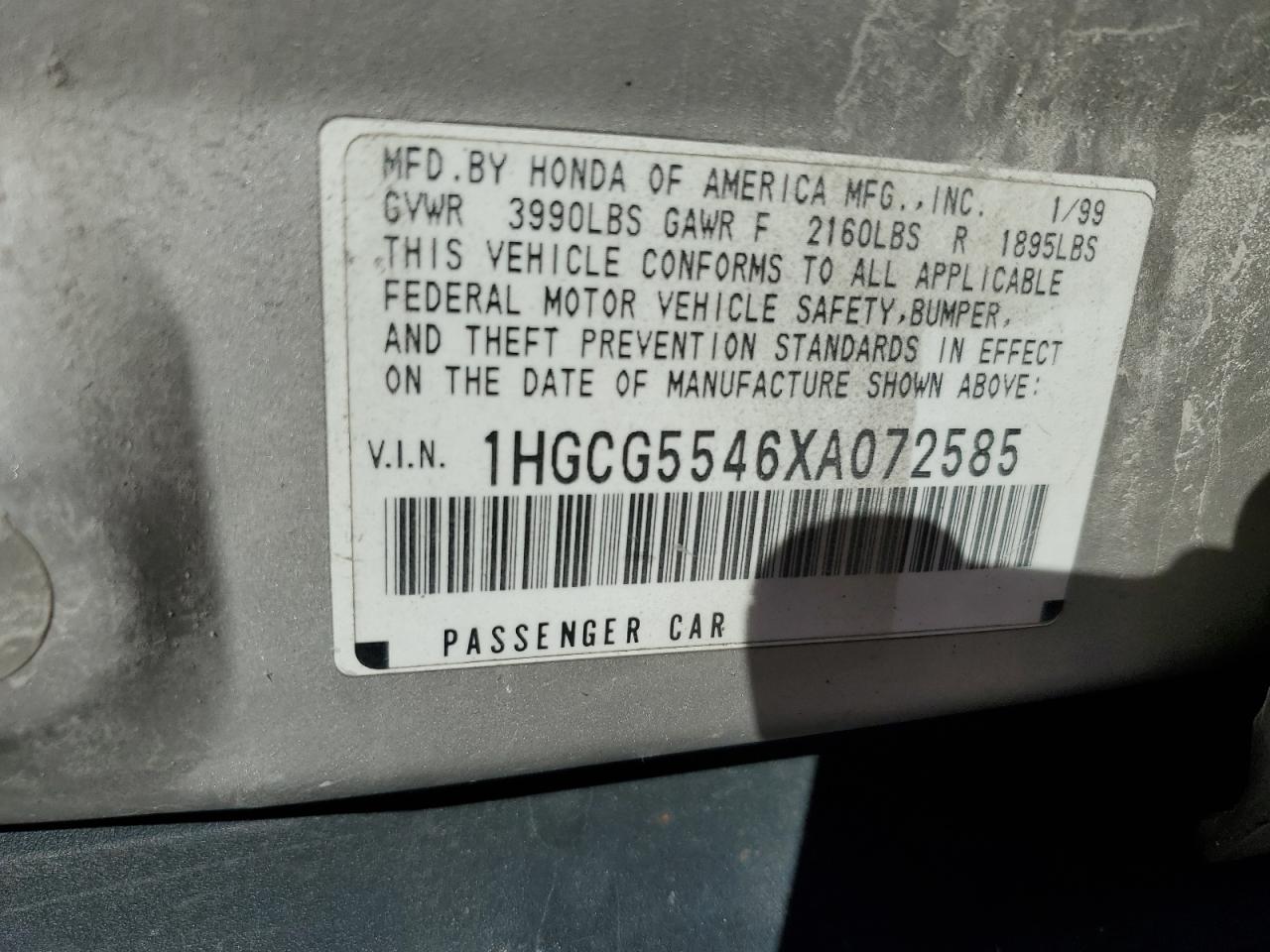 1999 Honda Accord Lx VIN: 1HGCG5546XA072585 Lot: 85824705