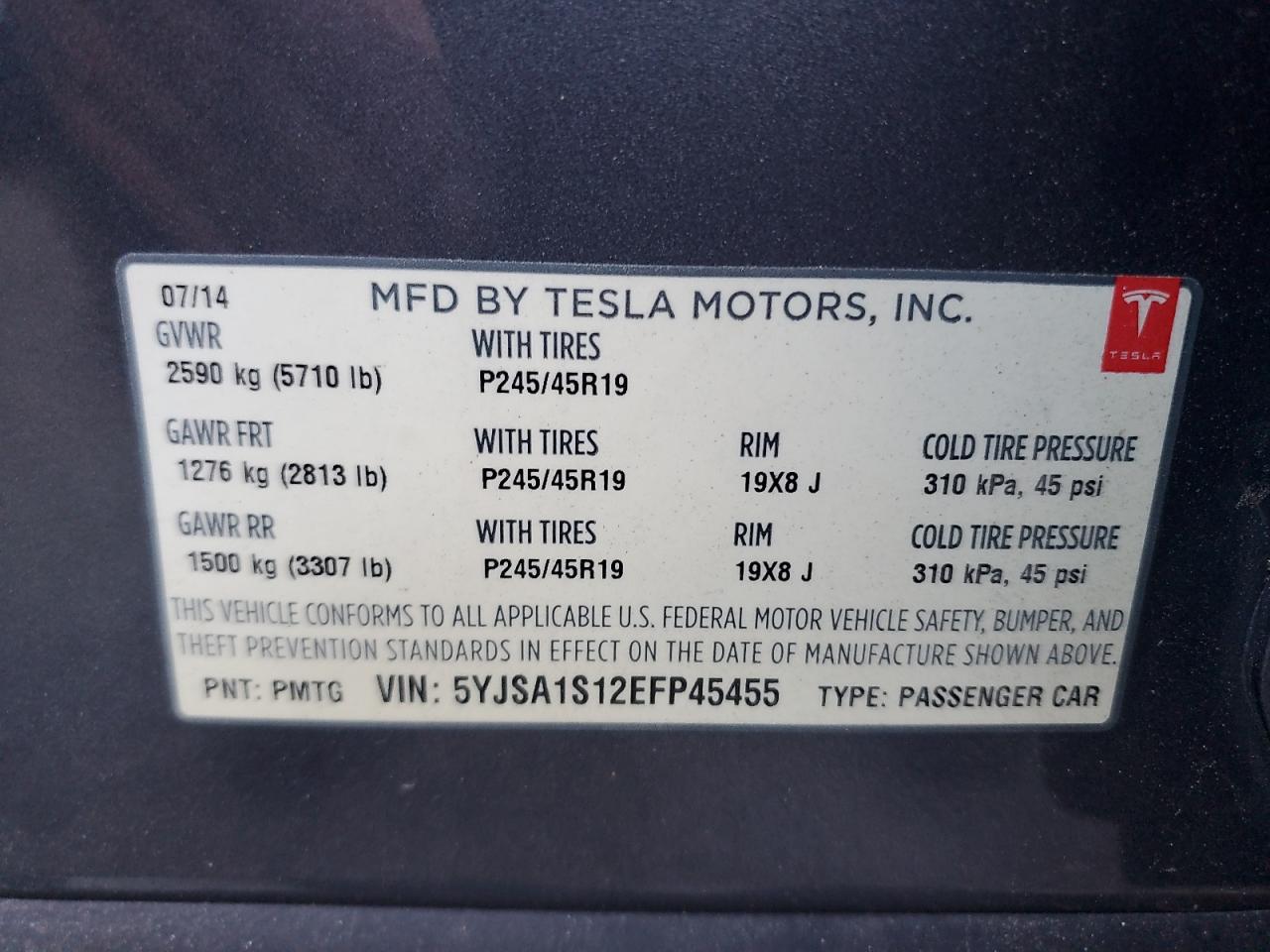 2014 Tesla Model S VIN: 5YJSA1S12EFP45455 Lot: 82516555