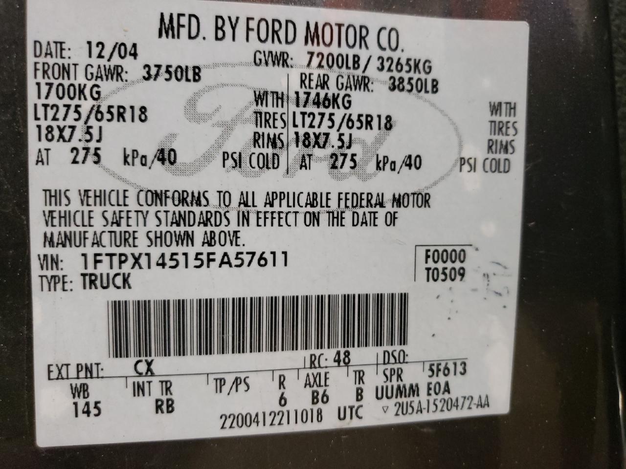 2005 Ford F150 VIN: 1FTPX14515FA57611 Lot: 87058405