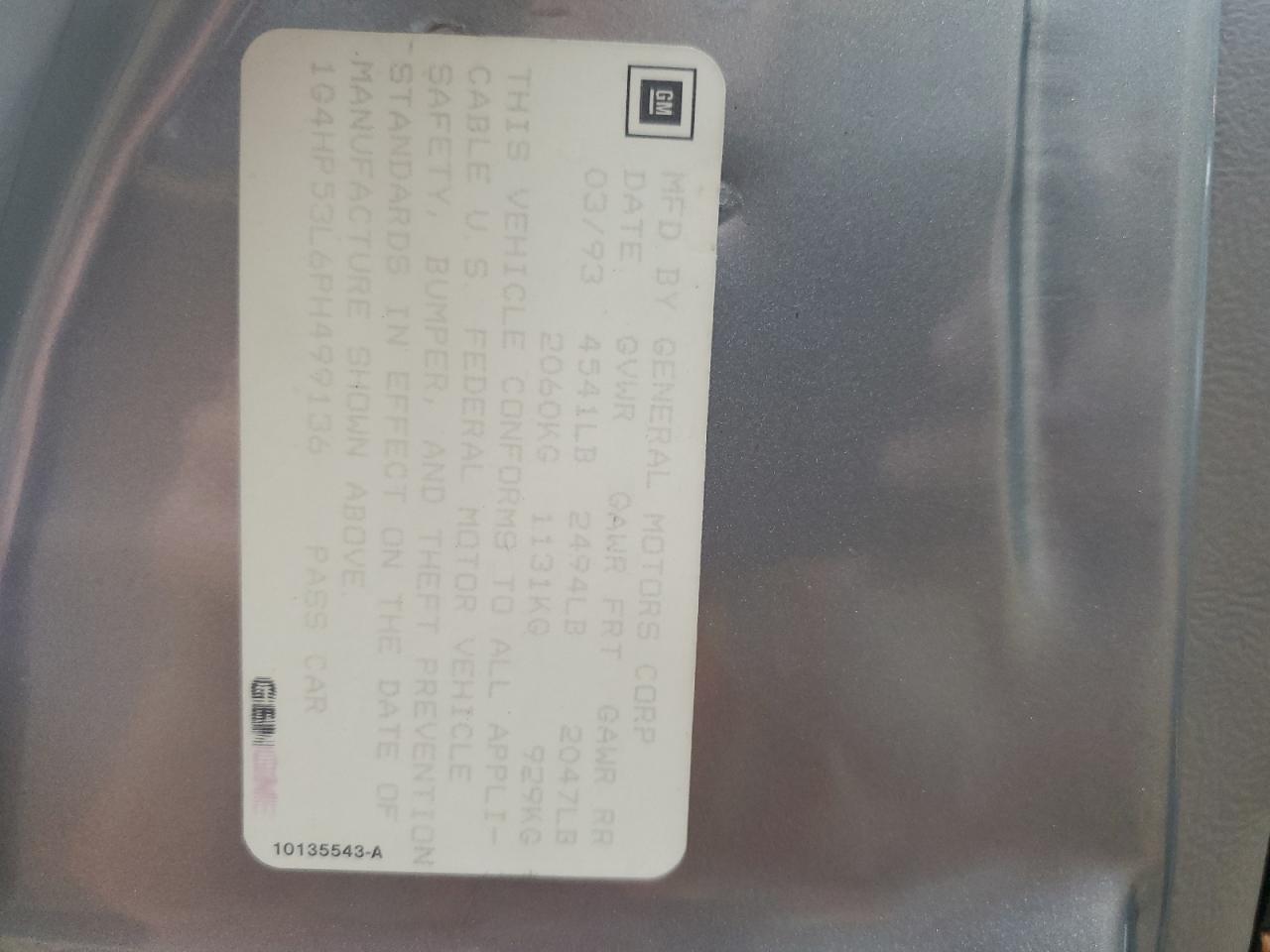 1993 Buick Lesabre Custom VIN: 1G4HP53L6PH499136 Lot: 87263575