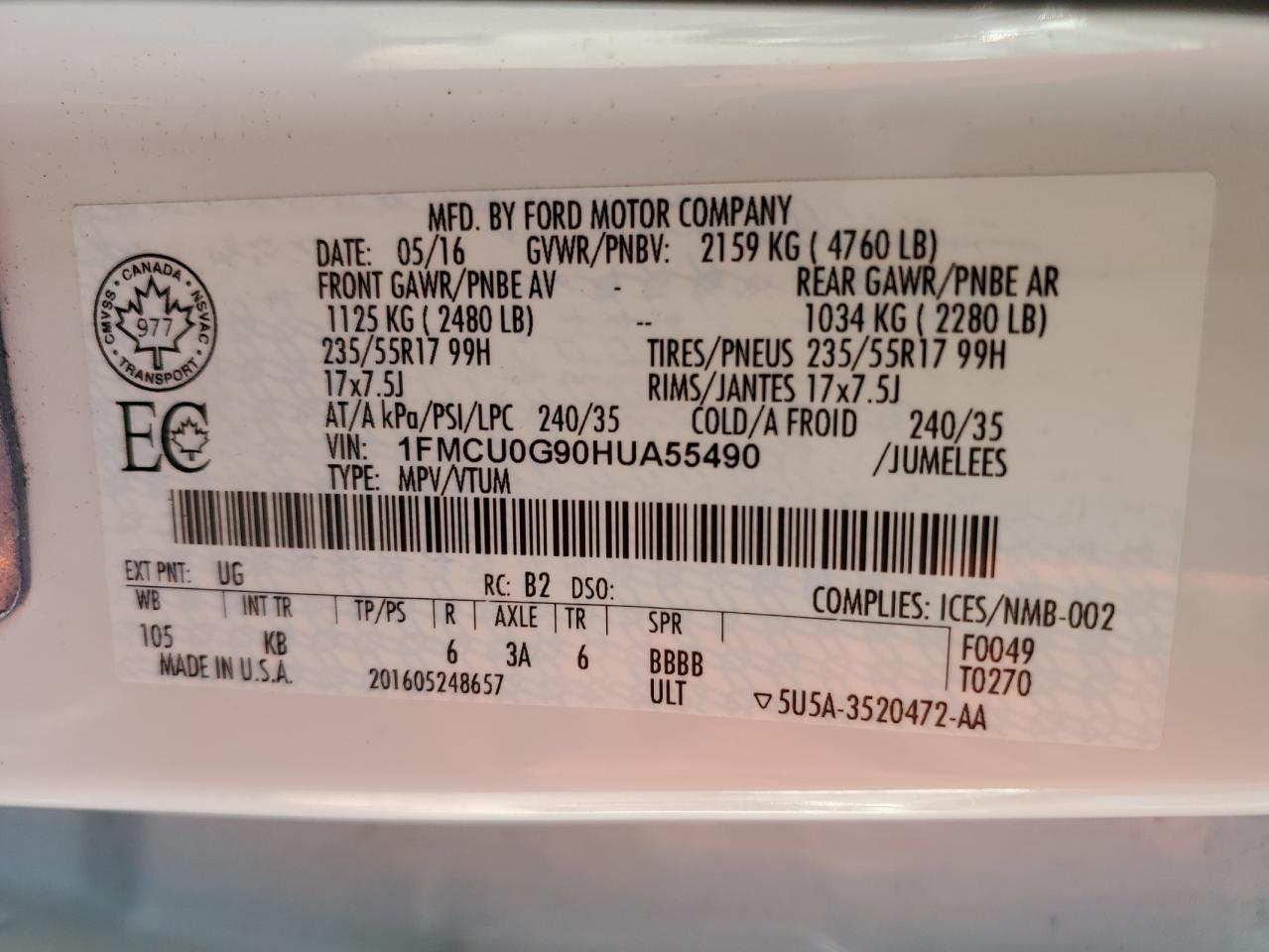 2017 Ford Escape Se VIN: 1FMCU0G90HUA55490 Lot: 86693015