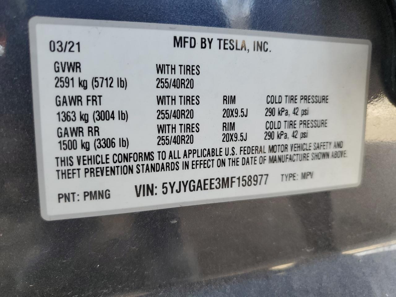 2021 Tesla Model Y VIN: 5YJYGAEE3MF158977 Lot: 90716495