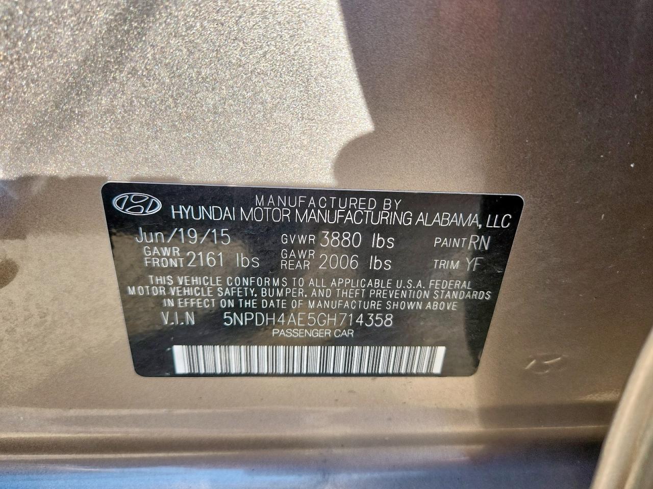 2016 Hyundai Elantra Se VIN: 5NPDH4AE5GH714358 Lot: 84999155