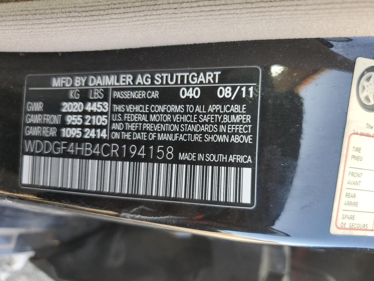 2012 Mercedes-Benz C 250 VIN: WDDGF4HB4CR194158 Lot: 82659465