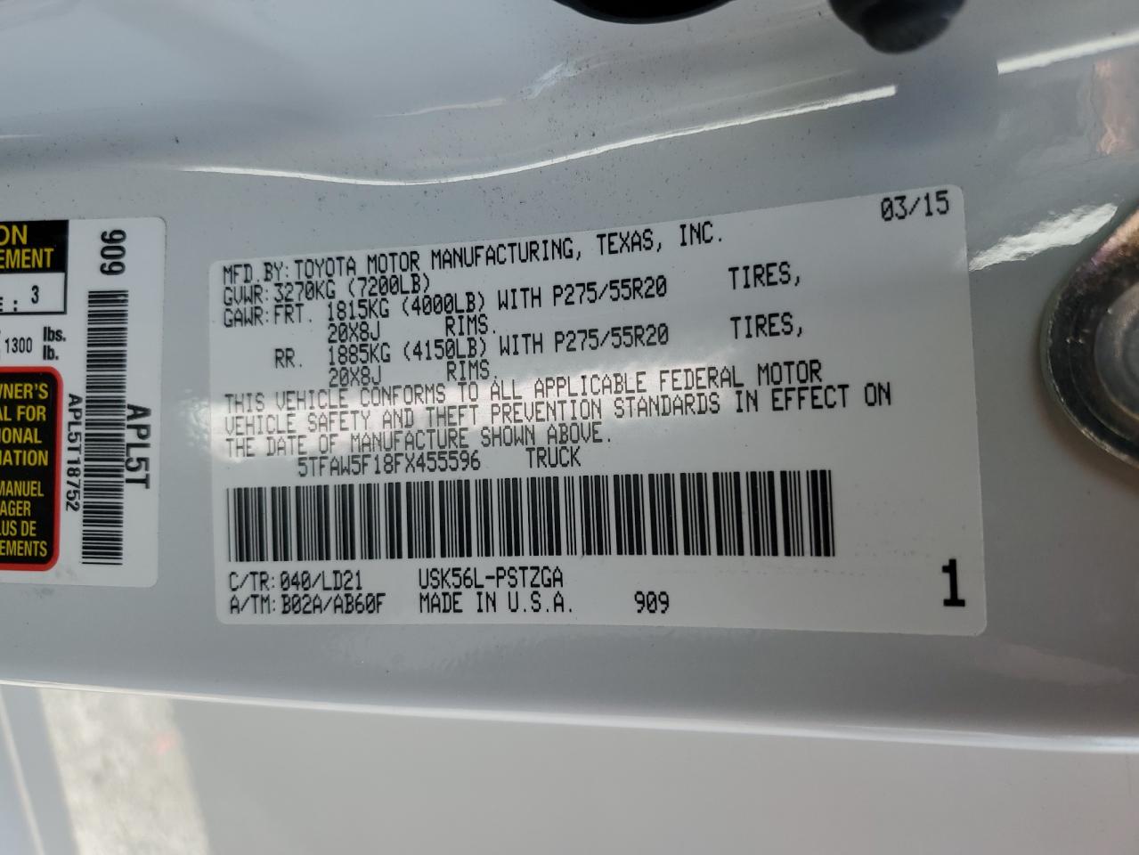 2015 Toyota Tundra Crewmax 1794 VIN: 5TFAW5F18FX455596 Lot: 86319775