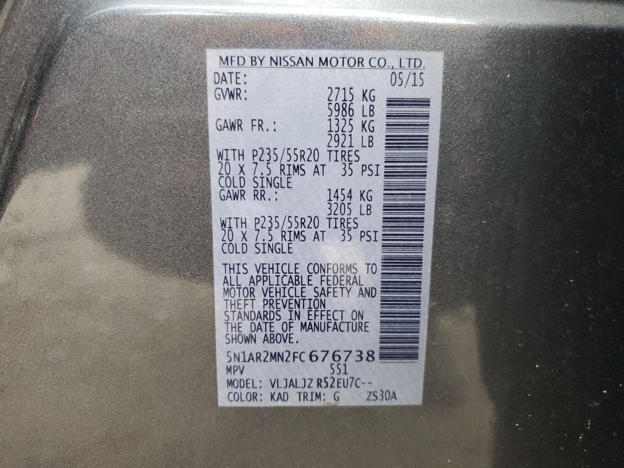 2015 Nissan Pathfinder S VIN: 5N1AR2MN2FC676738 Lot: 85354295