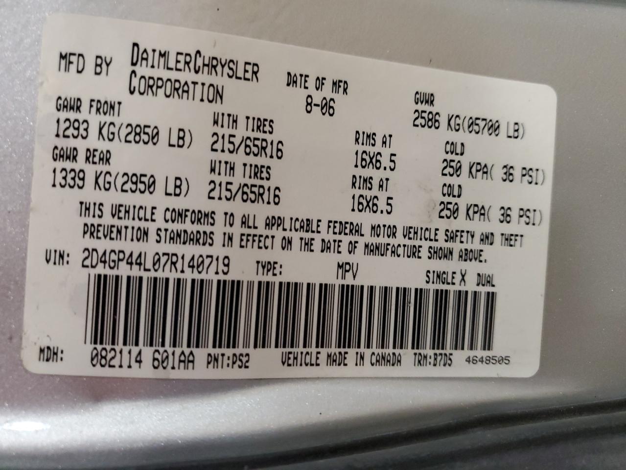 2007 Dodge Grand Caravan Sxt VIN: 2D4GP44L07R140719 Lot: 81988635