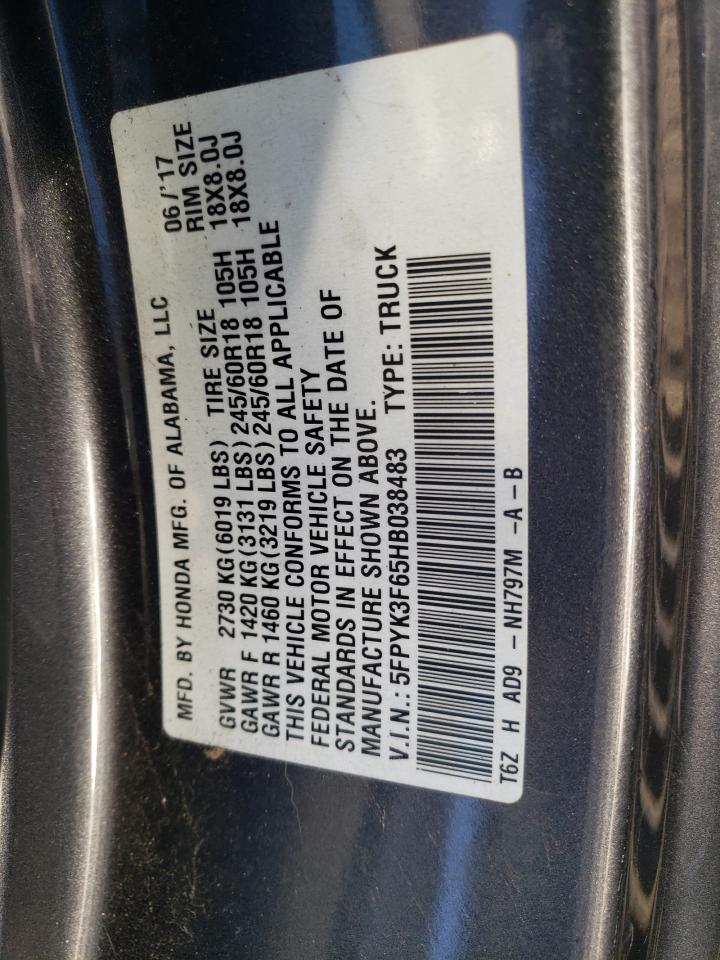 2017 Honda Ridgeline Rtl VIN: 5FPYK3F65HB038483 Lot: 90074085