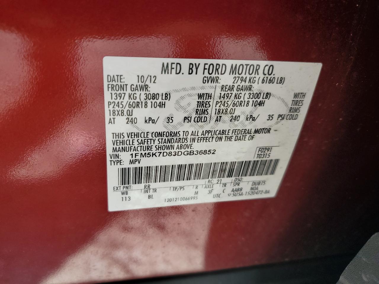 2013 Ford Explorer Xlt VIN: 1FM5K7D83DGB36852 Lot: 85845175