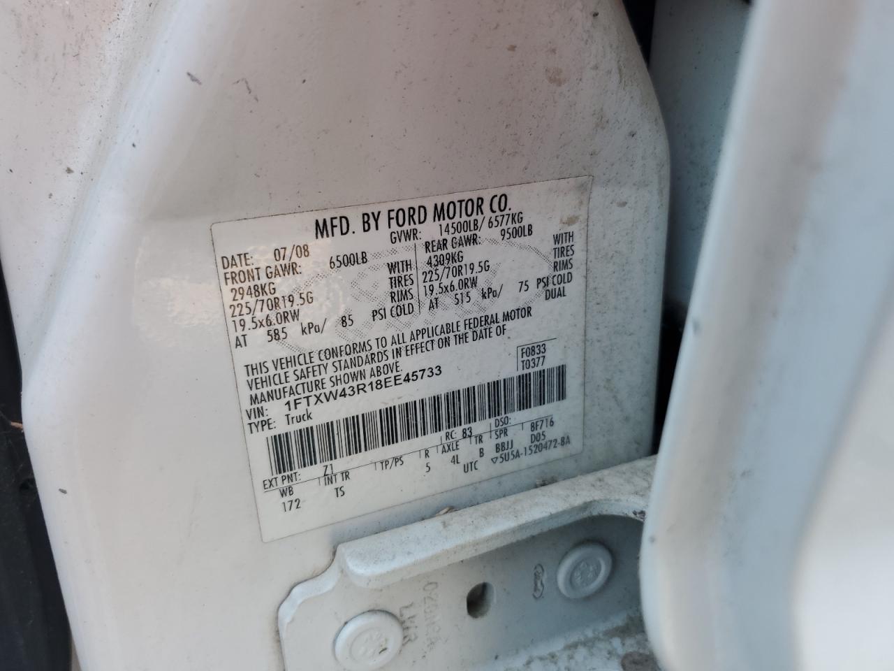 2008 Ford F450 Super Duty VIN: 1FTXW43R18EE45733 Lot: 84159515