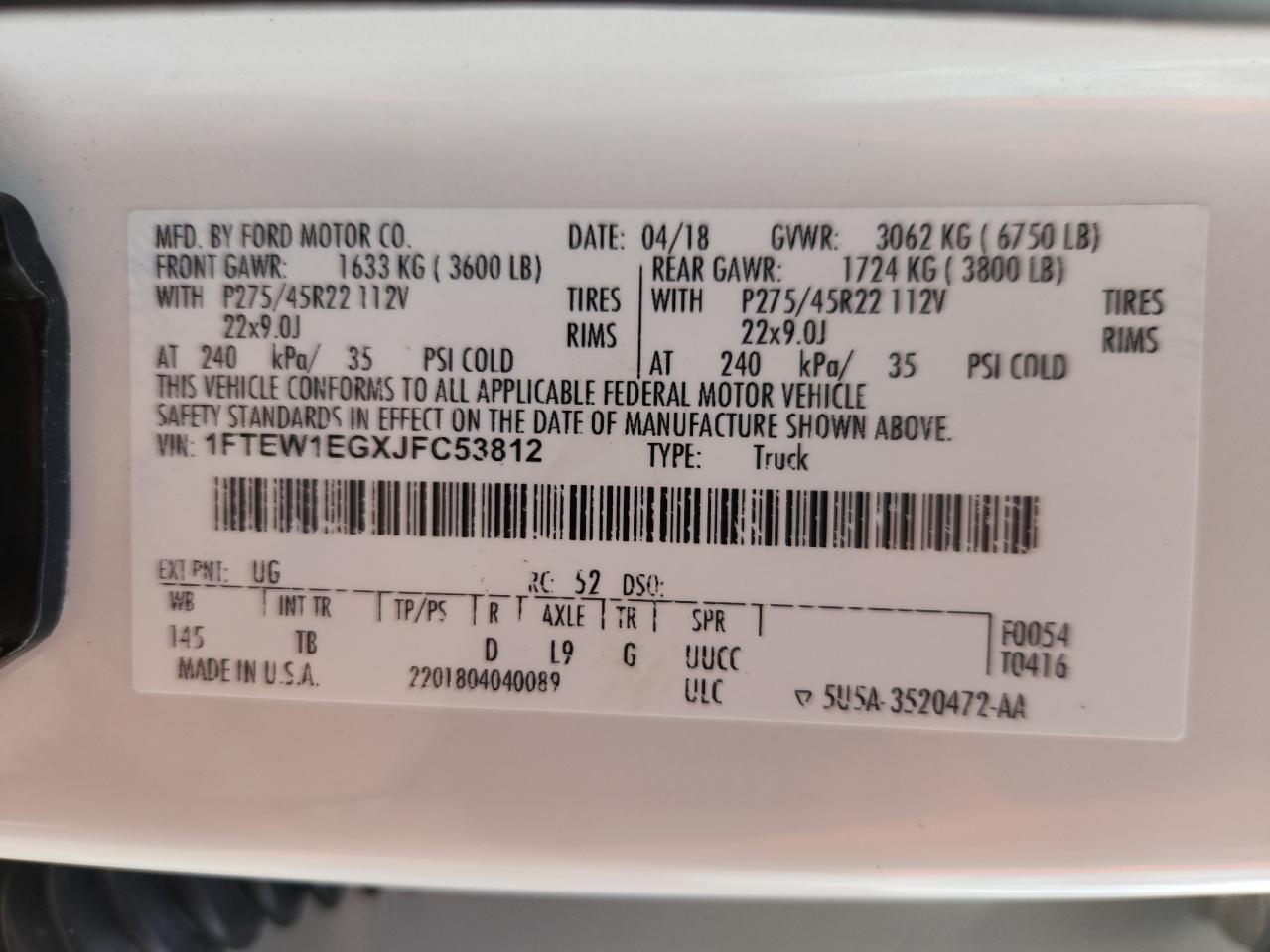 2018 Ford F150 Supercrew VIN: 1FTEW1EGXJFC53812 Lot: 82573455