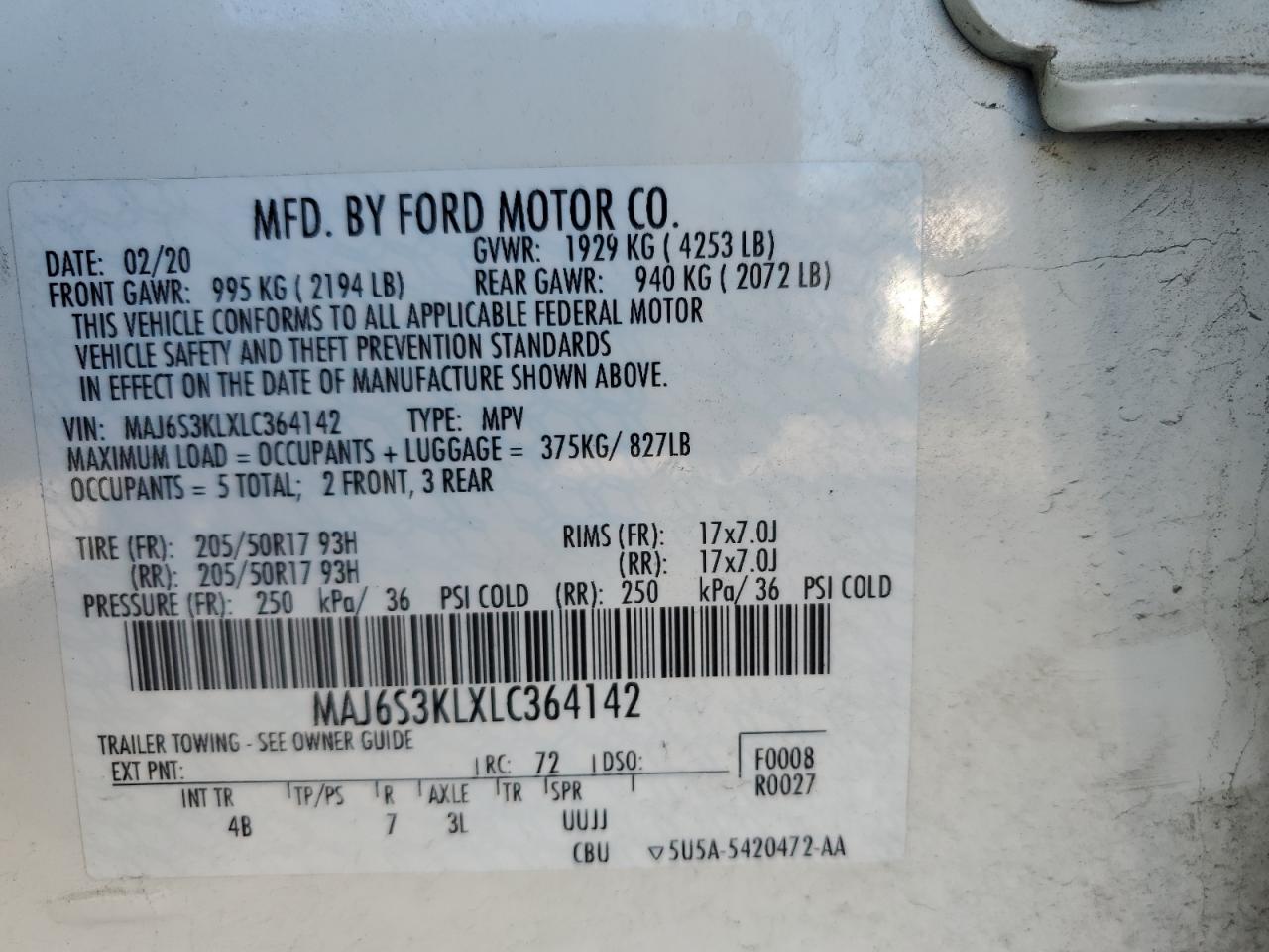 2020 Ford Ecosport Titanium VIN: MAJ6S3KLXLC364142 Lot: 90889155
