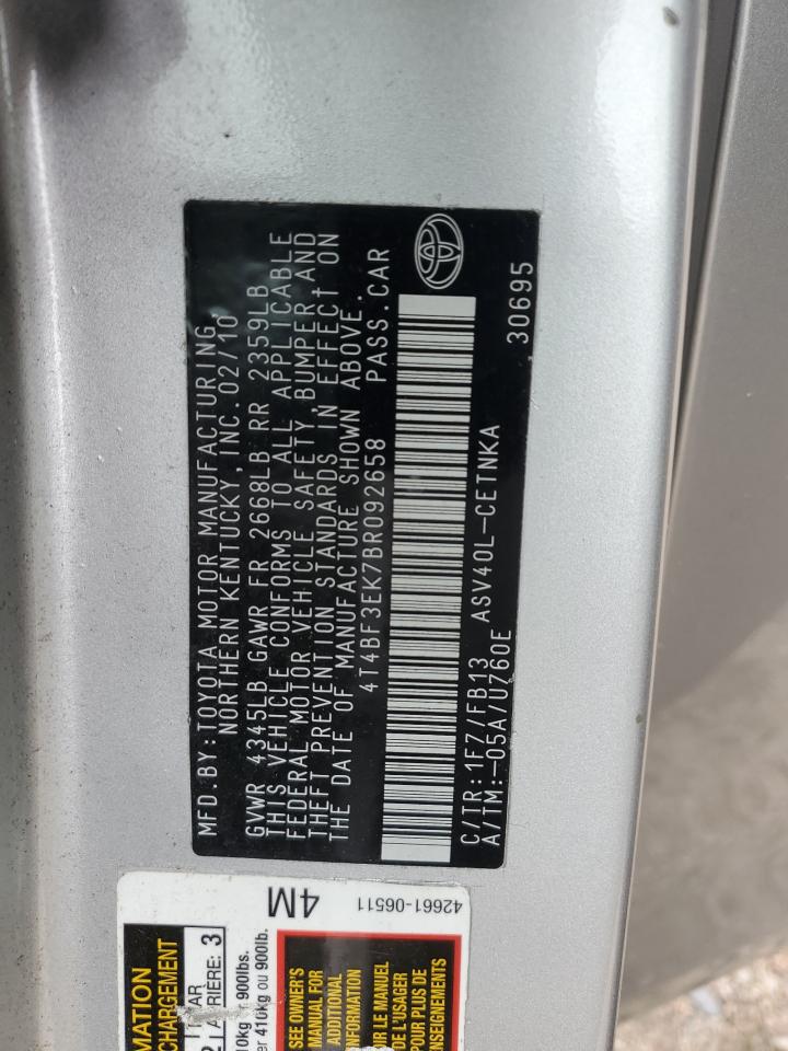 2011 Toyota Camry Base VIN: 4T4BF3EK7BR092658 Lot: 82406735