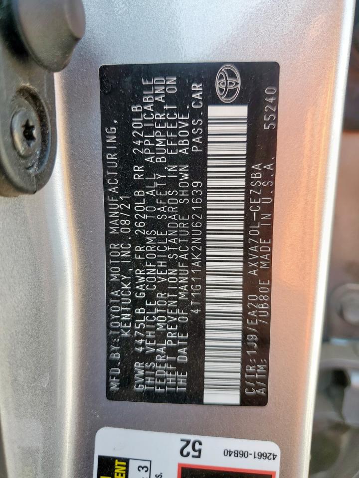 2022 Toyota Camry Se VIN: 4T1G11AK2NU621639 Lot: 83948495