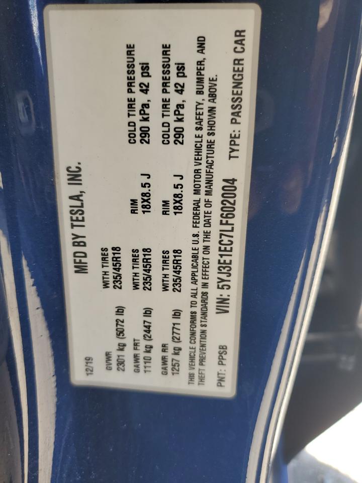 2020 Tesla Model 3 VIN: 5YJ3E1EC7LF602004 Lot: 85309785