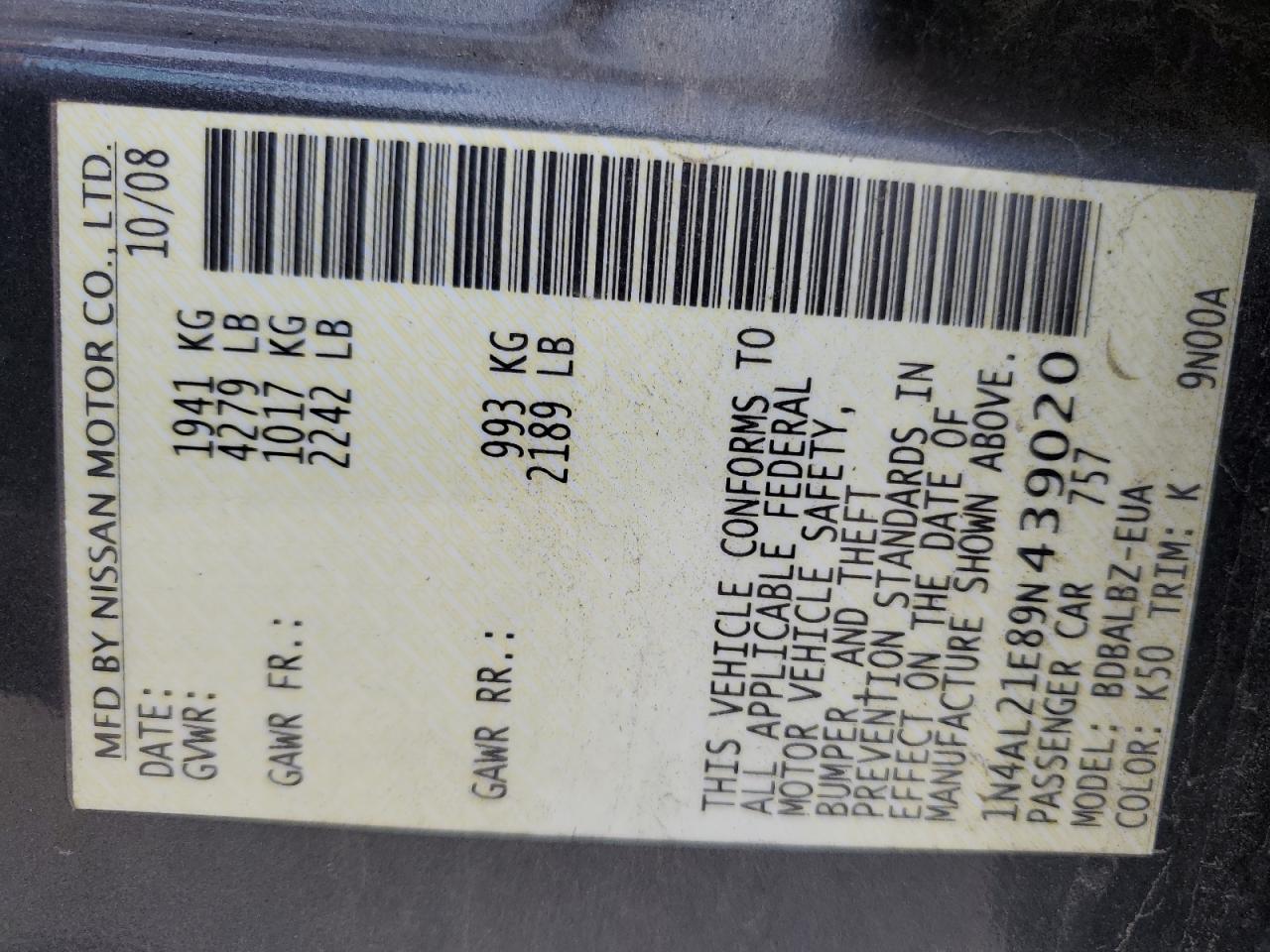 2009 Nissan Altima 2.5 VIN: 1N4AL21E89N439020 Lot: 85930615