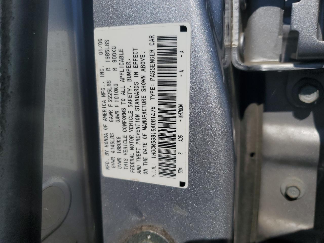 2006 Honda Accord Ex VIN: 1HGCM56816A081476 Lot: 85305905