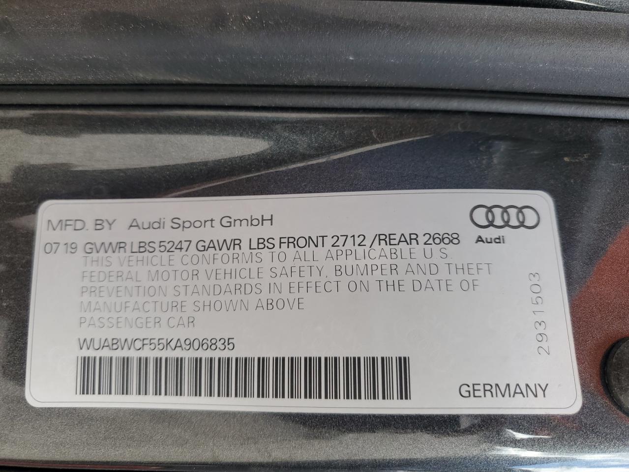 2019 Audi Rs5 VIN: WUABWCF55KA906835 Lot: 85359985