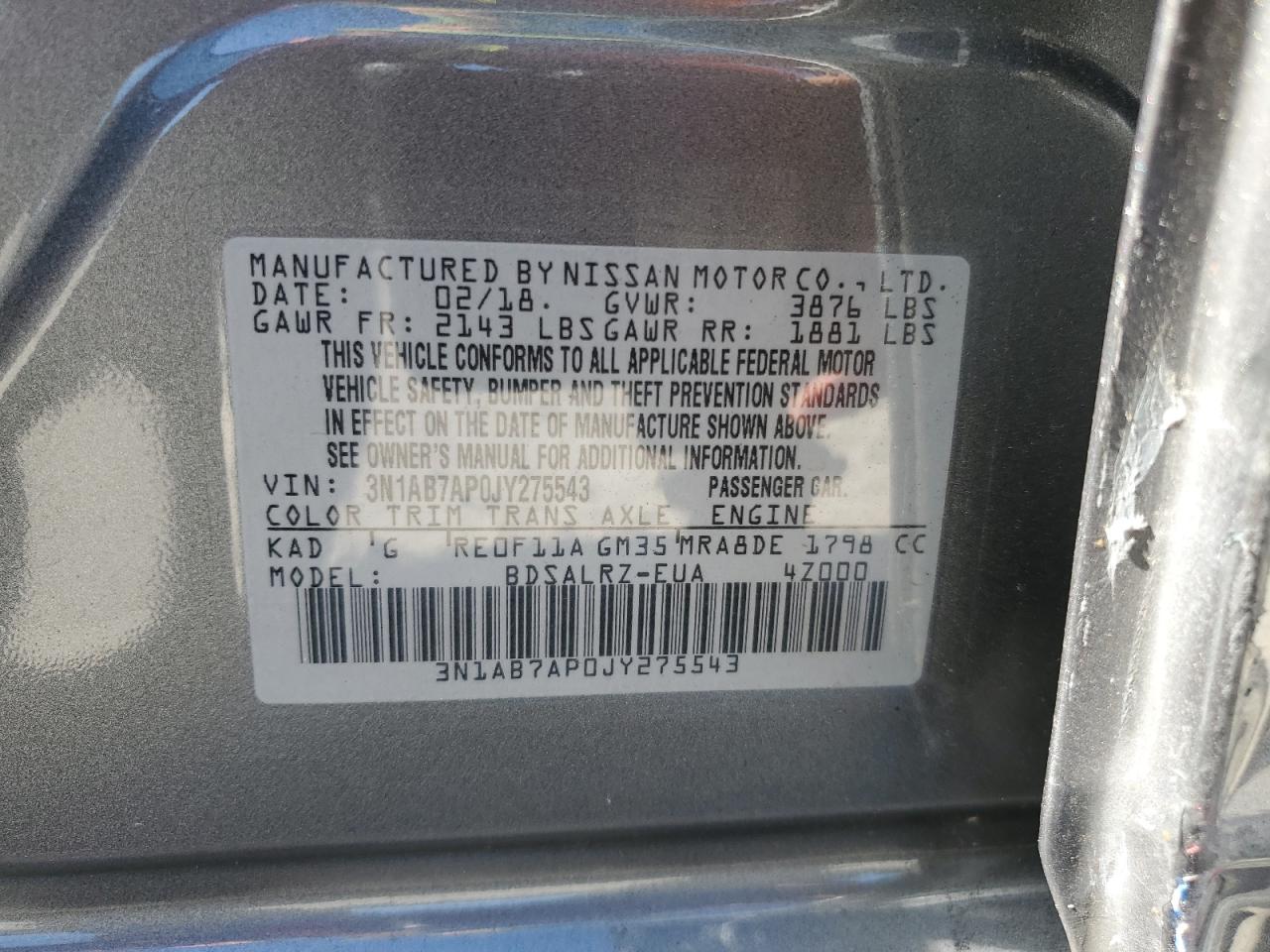 2018 Nissan Sentra S VIN: 3N1AB7AP0JY275543 Lot: 85075835