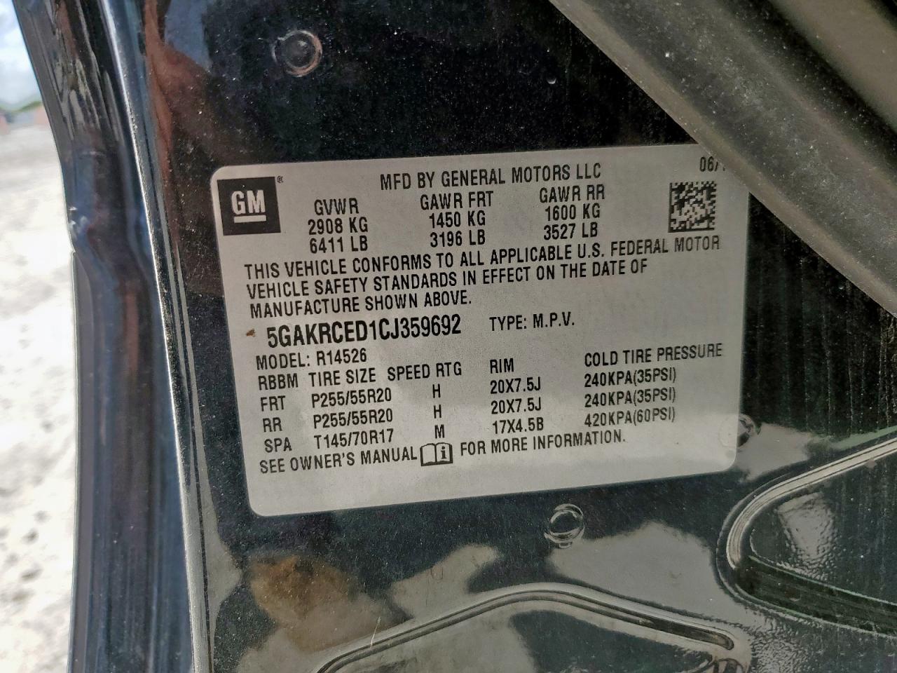 2012 Buick Enclave VIN: 5GAKRCED1CJ359692 Lot: 85589115