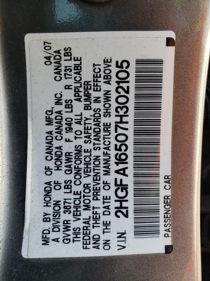 2007 Honda Civic Lx VIN: 2HGFA16507H302105 Lot: 85205735