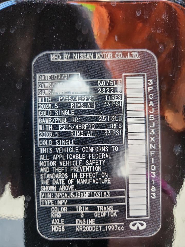 2022 Infiniti Qx55 Luxe VIN: 3PCAJ5J3XNF103183 Lot: 89658855