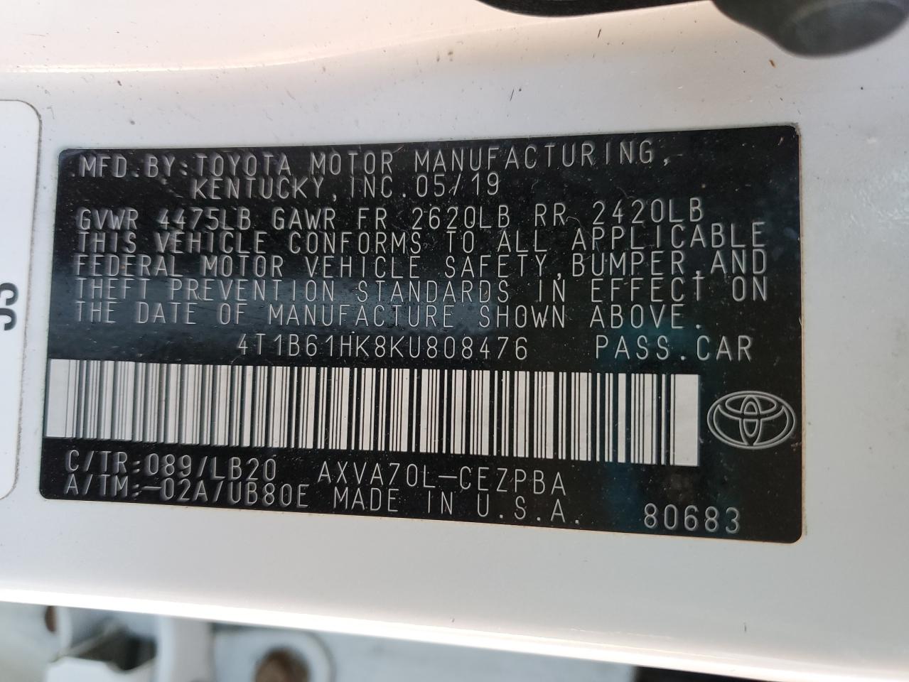 2019 Toyota Camry Xse VIN: 4T1B61HK8KU808476 Lot: 82347355