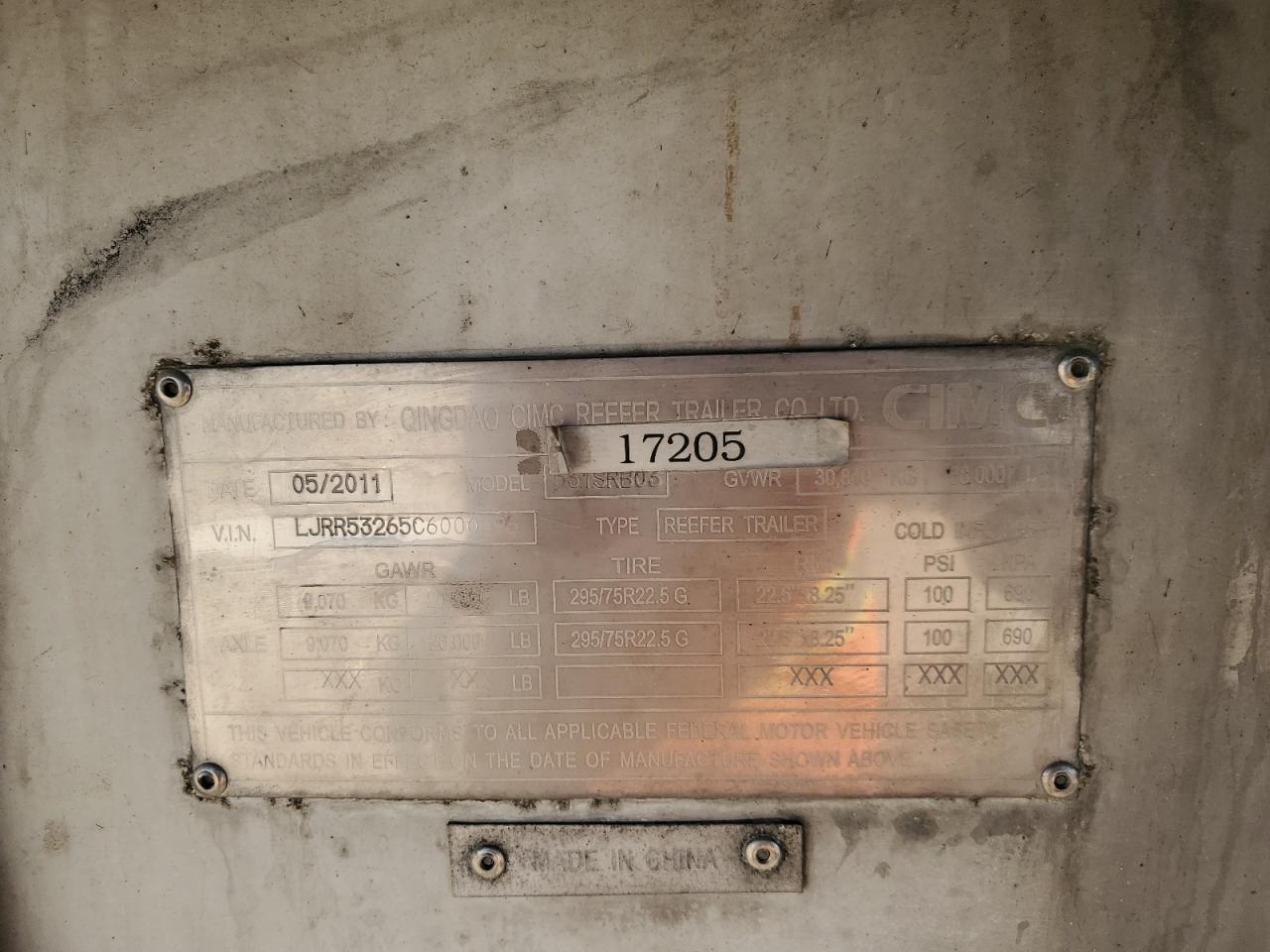 2012 Cimc Refrigerated Van Trailer VIN: LJRR53265C6000596 Lot: 85285095