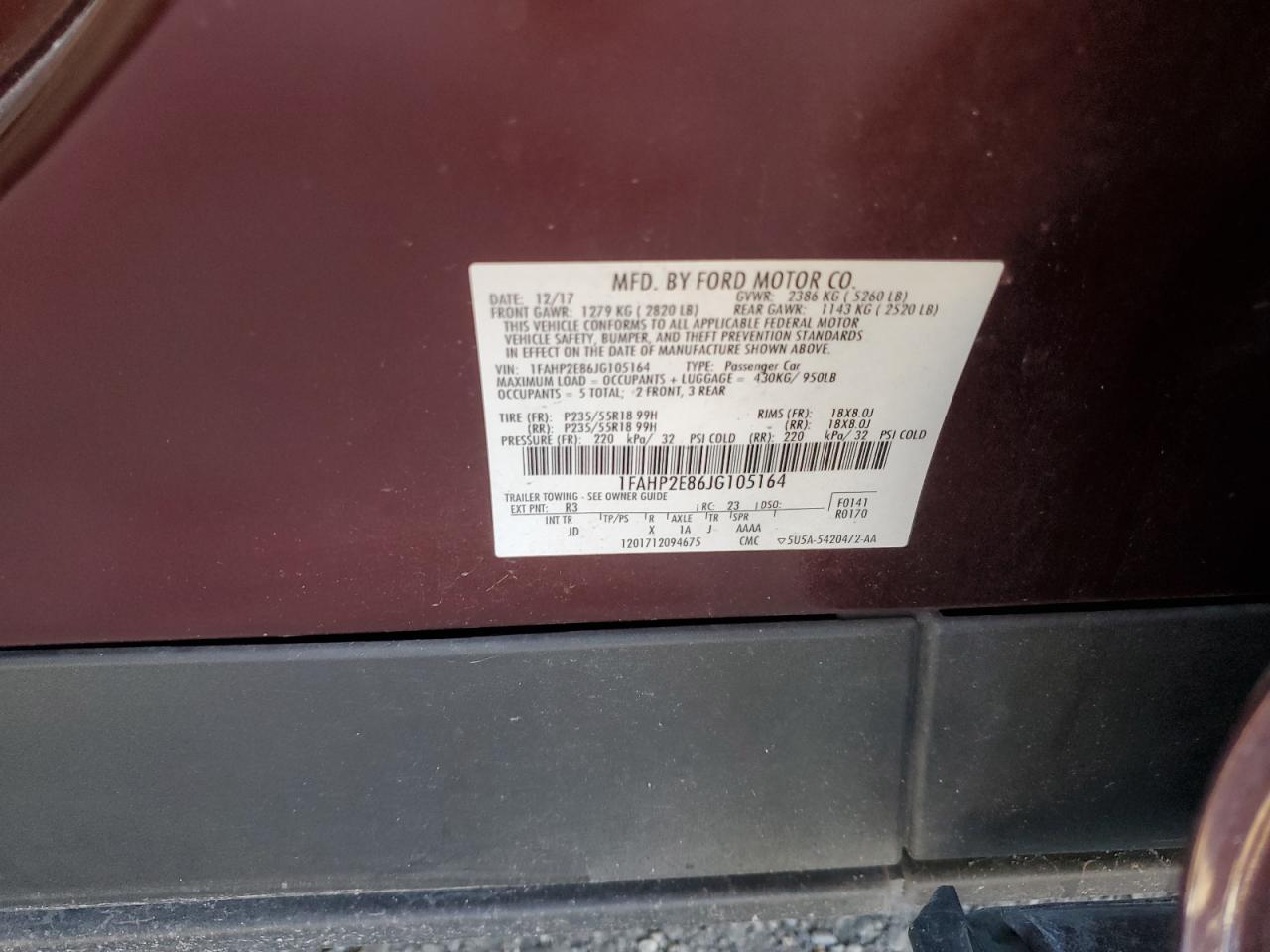 2018 Ford Taurus Sel VIN: 1FAHP2E86JG105164 Lot: 86480045