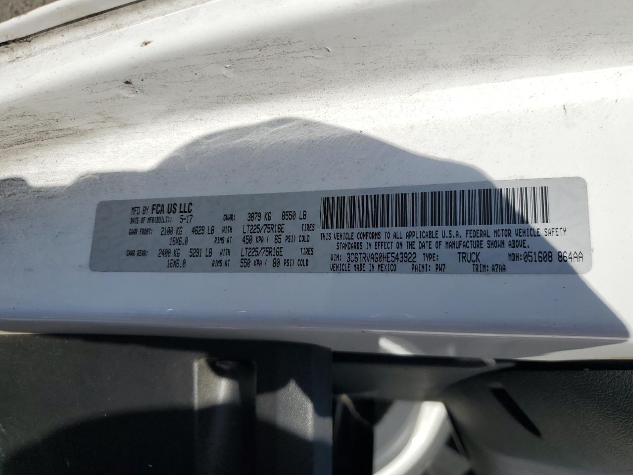 2017 Ram Promaster 1500 1500 Standard VIN: 3C6TRVAG0HE543922 Lot: 82104745