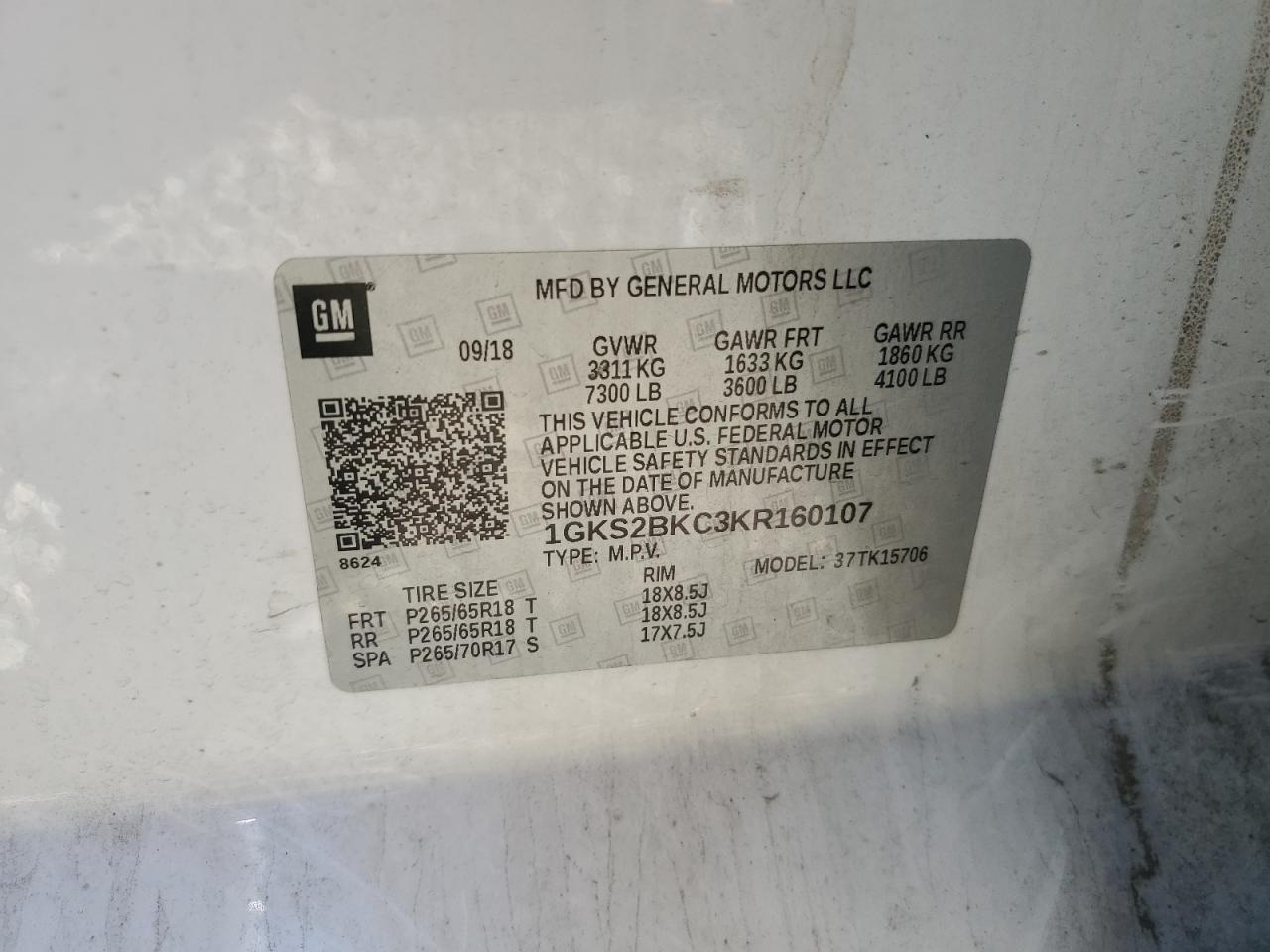 2019 GMC Yukon Slt VIN: 1GKS2BKC3KR160107 Lot: 87084395