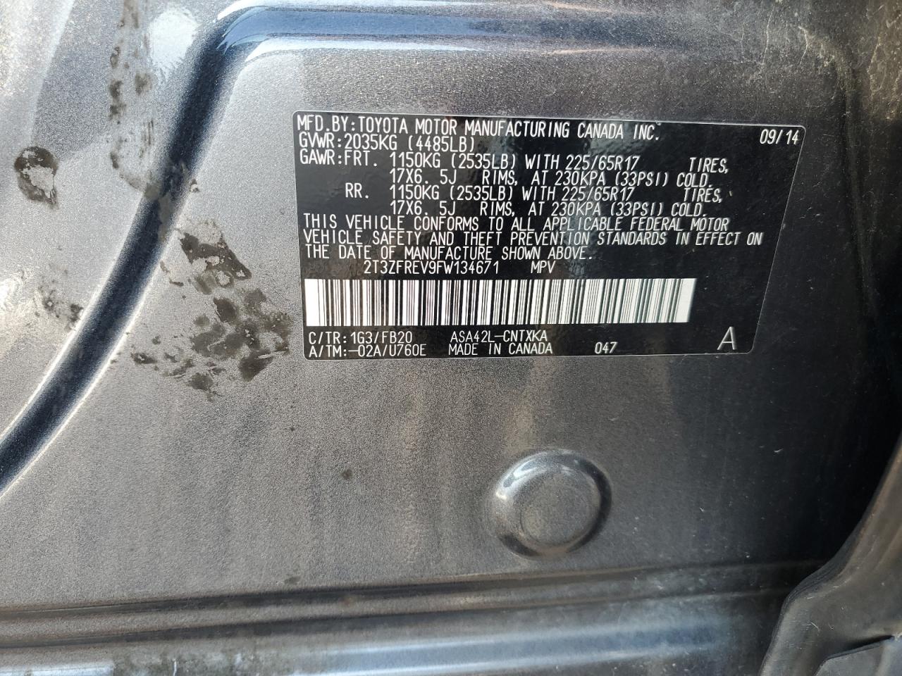 2015 Toyota Rav4 Le VIN: 2T3ZFREV9FW134671 Lot: 85506345