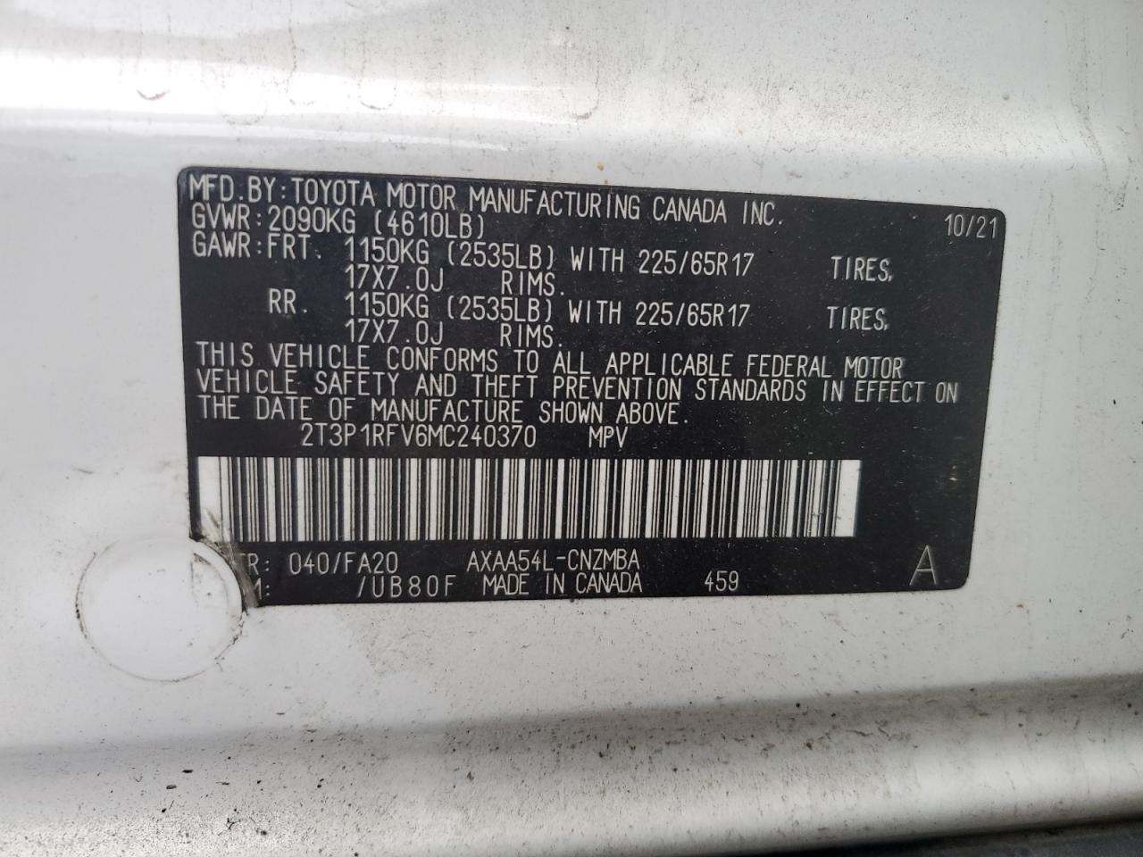 2021 Toyota Rav4 Xle VIN: 2T3P1RFV6MC240370 Lot: 82007985