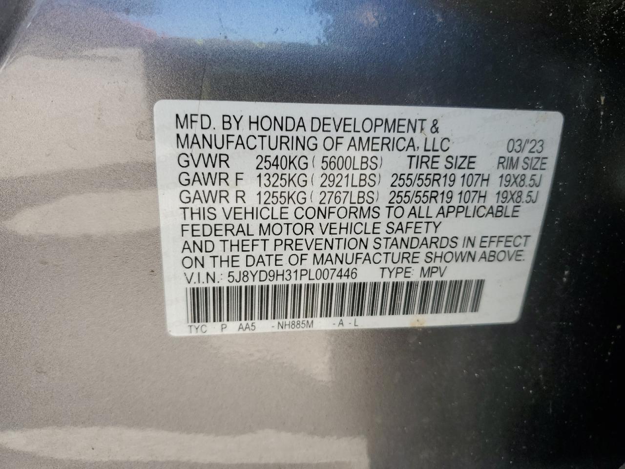 2023 Acura Mdx VIN: 5J8YD9H31PL007446 Lot: 85013175