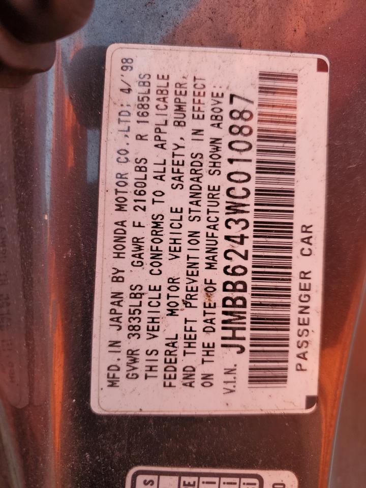 1998 Honda Prelude VIN: JHMBB6243WC010887 Lot: 91040305