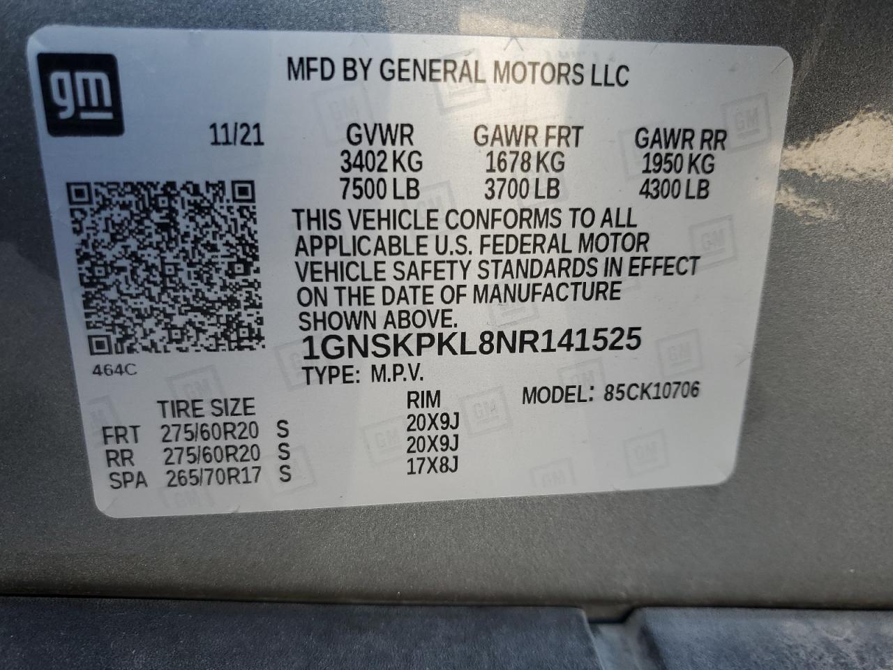 2022 Chevrolet Tahoe K1500 Z71 VIN: 1GNSKPKL8NR141525 Lot: 87077425